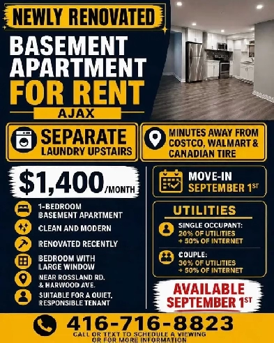 NEWLY RENOVATED BASEMENT APARTMENT FOR RENT AJAX