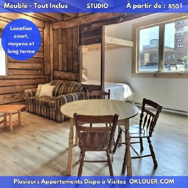 Studio meublé au Centre-Ville – Tout inclus – 850 $/mois