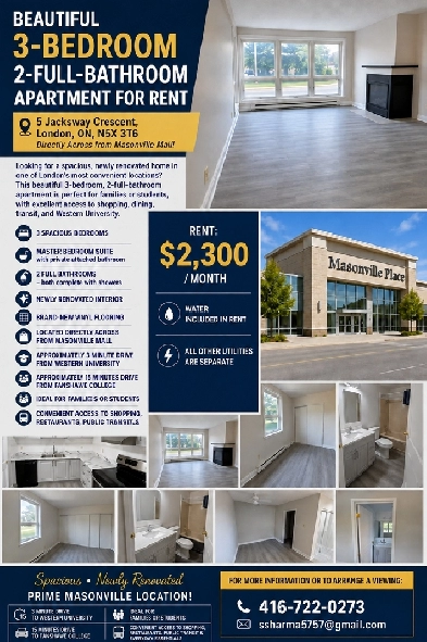 Modern 3 Bedroom 2 Bath Apartment for Rent in London, Ontario