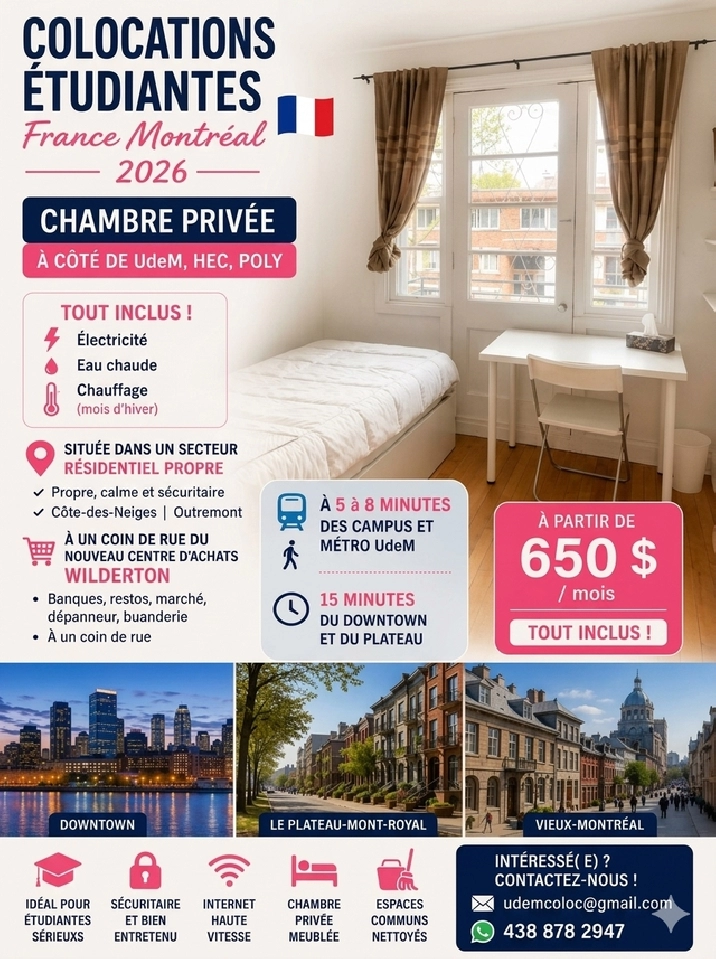 COLOC ETUDIANTE FRANCE MTL UdeM HEC POLY  tout inclu $650