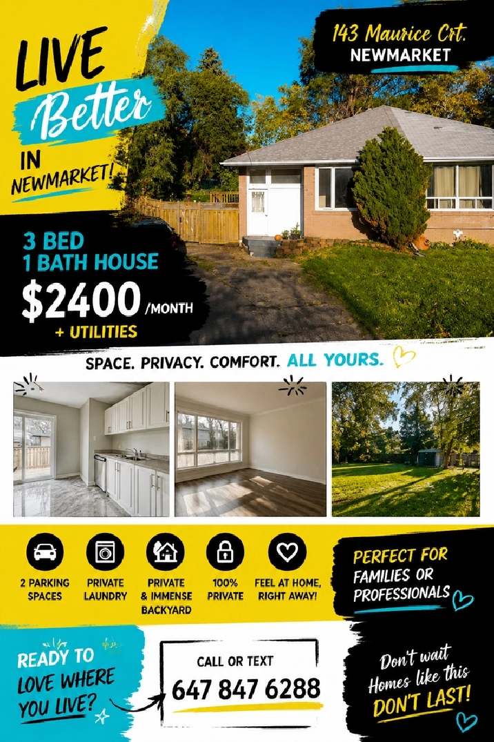 3 Bed   1 Bath Private House – Newmarket