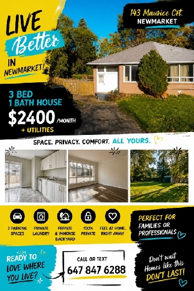 3 Bed   1 Bath Private House – Newmarket