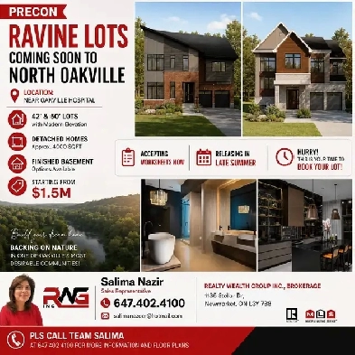 50 ft lots in Oakville and RAVINE