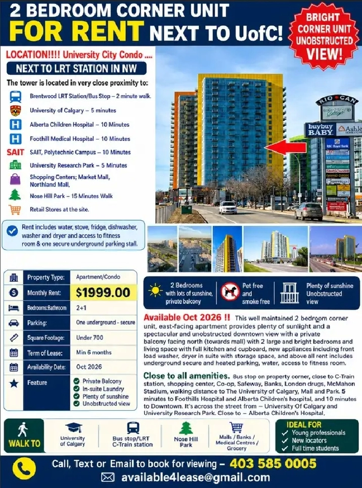 Bright lots of Sunshine-2BR Prkg Next 2 UofC,LRT,Brentwood mall