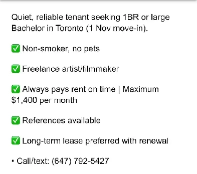 Seeking 1BR or large Bachelor in Toronto 1 Nov Move-in