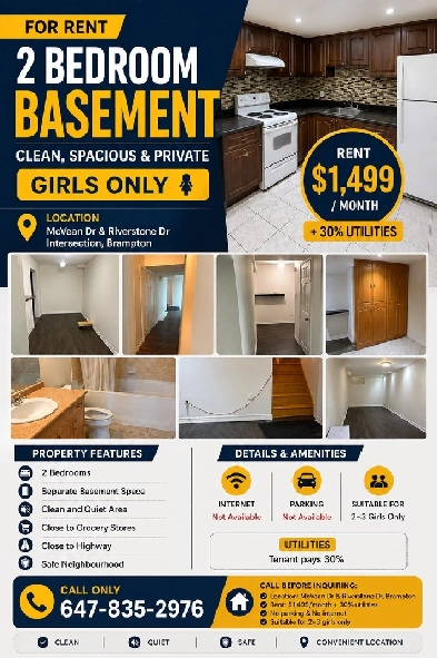 2 Bedroom Basement for Rent – Girls Only – Brampton – $1,499