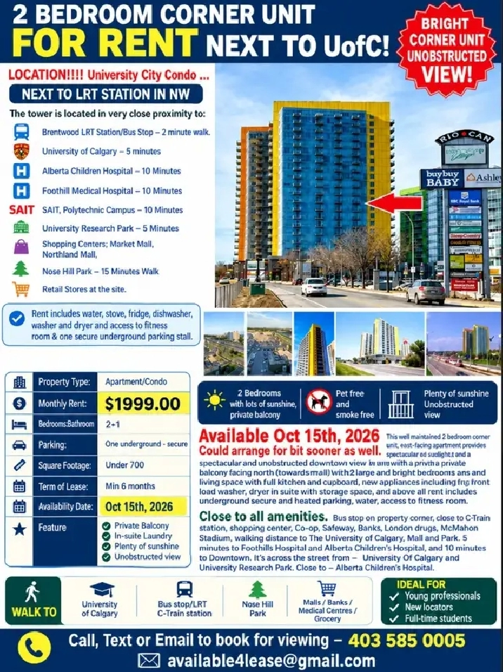 Bright lots of Sunshine-2BR Prkg Next 2 UofC, LRT,Brentwood mall