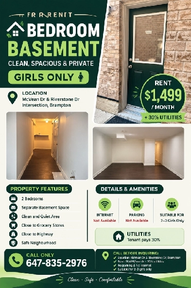 2-BEDROOM BASEMENT FOR RENT – GIRLS ONLY