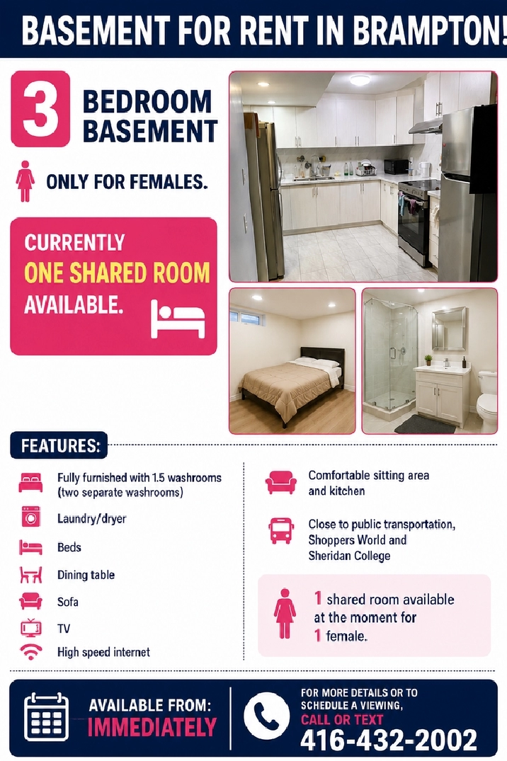 Basement Bedroom for Rent Brampton