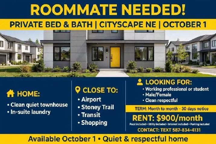 Private Room   Private Bath - Cityscape NE - $900 All Incl - Oc