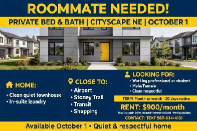 Private Room   Private Bath - Cityscape NE - $900 All Incl - Oc