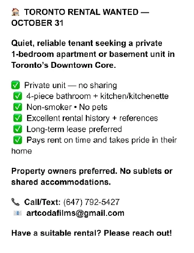 TORONTO LANDLORDS — I’M LOOKING FOR A HOME!