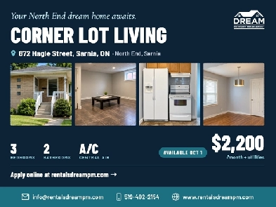 3-Bed, 2-Bath Corner Lot Home, North End Sarnia, $2,200