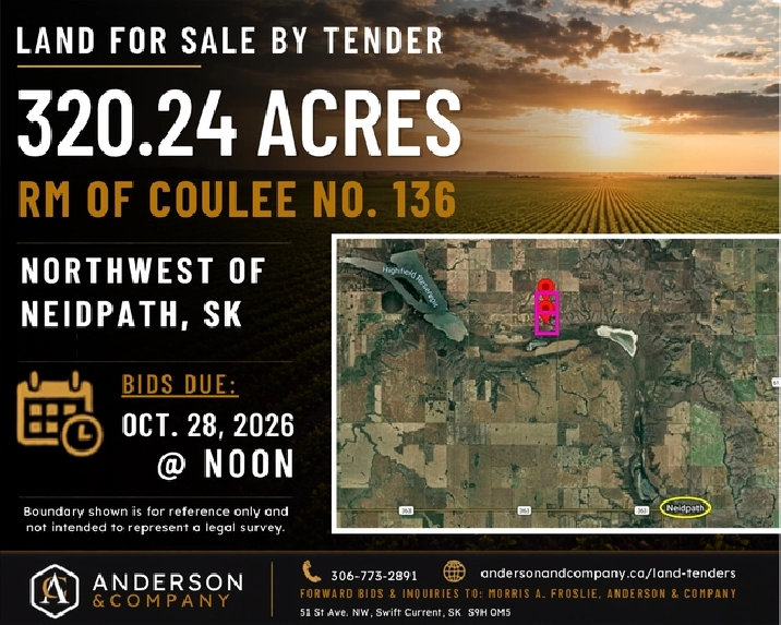 LAND FOR SALE BY TENDER – RM OF COULEE NO. 136 – NEIDPATH, SK