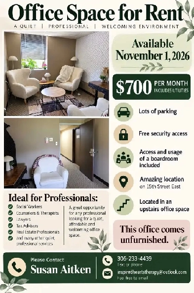 Office Space for rent Nov 1, 2026 in Prince Albert