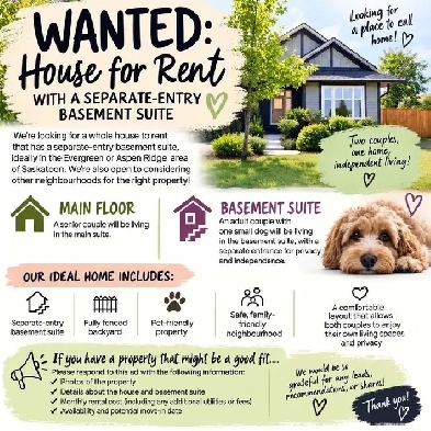 WANTED: Whole House With Basement Suite for Rent.