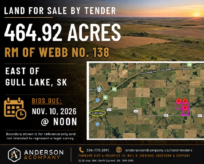 Land for Sale by TENDER – RM of Webb #138:  E of Gull Lake, SK