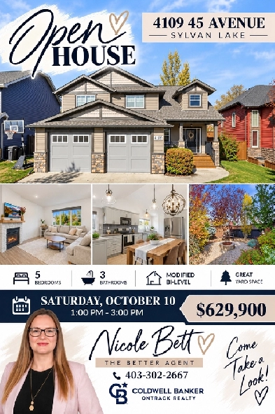 Open House 4109 45 Avenue in Sylvan Lake Saturday from 1–3 PM