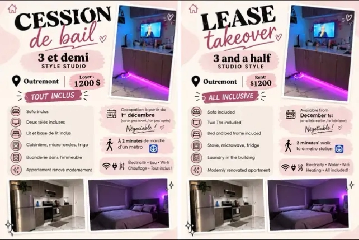 CESSION DE BAIL TOUT INCLUS/ LEASE TRANSFER ALL INCLUDED