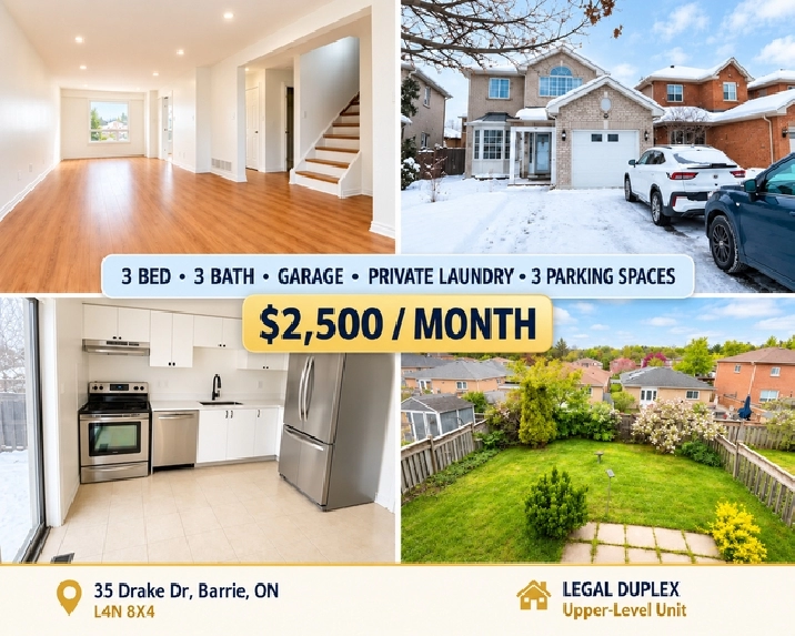 3 Bed 3 Bath Barrie Home, Garage, Private Backyard/Laundry
