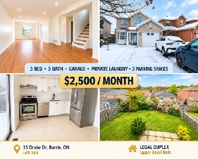 3 Bed 3 Bath Barrie Home, Garage, Private Backyard/Laundry