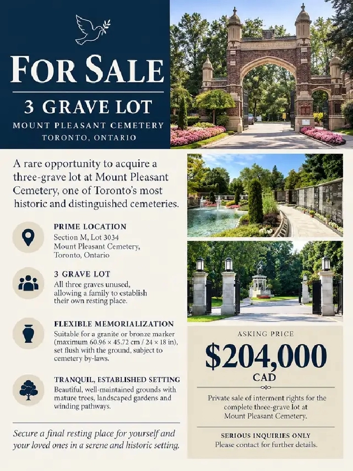 Mount Pleasant Cemetery Toronto – 3 Burial Plots for Sale