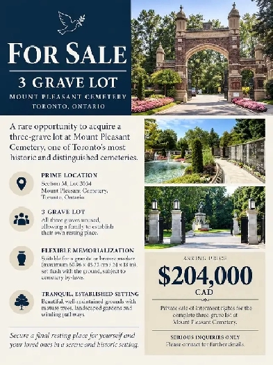 Mount Pleasant Cemetery Toronto – 3 Burial Plots for Sale