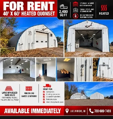 40' x 60' HEATED QUONSET FOR RENT – 2,400 SQ FT