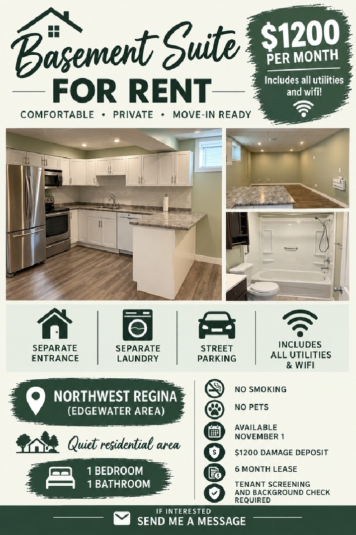 Basement Suite For Rent in Regina