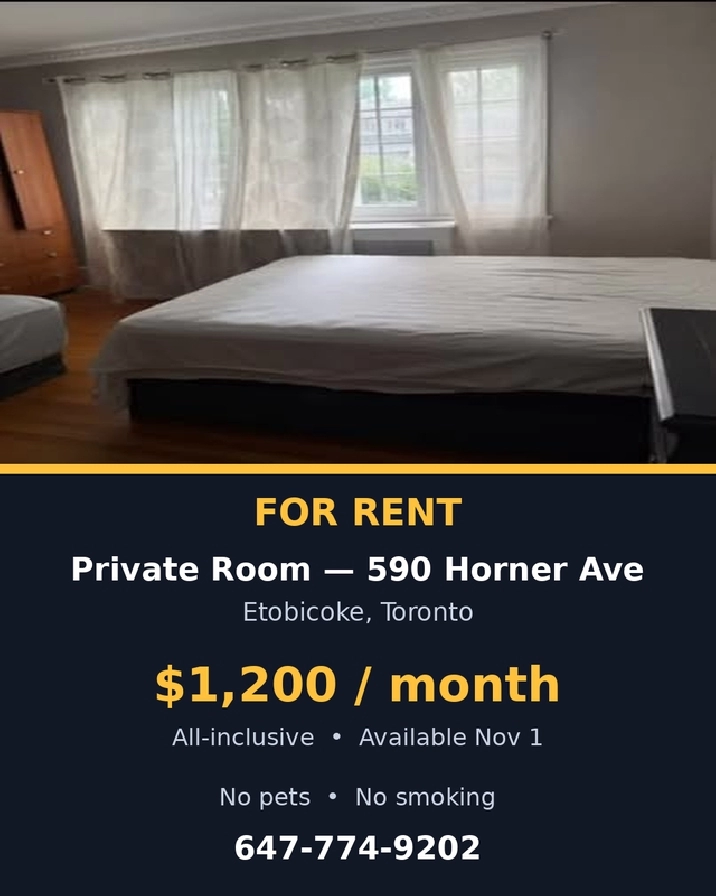 Private Room $1,200 All-Inclusive — 590 Horner Ave, Etobicoke
