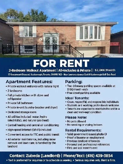 2-Bedroom Walkout Apartment | All-Inclusive & Private