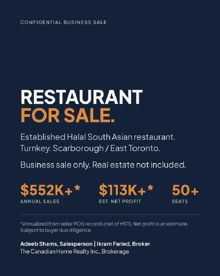 Scarborough Halal Restaurant for Sale – Turnkey, $550K  Sales