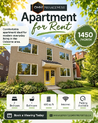 BEAUTIFUL 2-BEDROOM APARTMENT FOR RENT – OSBORNE AREA, WINNIP