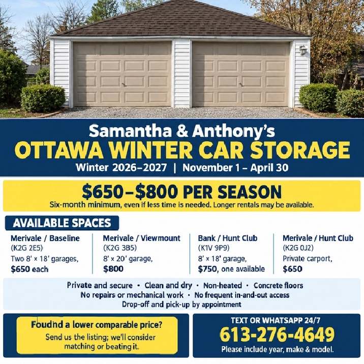 Winter Car storage Merivale/Baseline, Bank/Hunt Club See VIDEOS