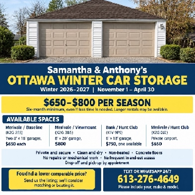 Winter Car storage Merivale/Baseline, Bank/Hunt Club See VIDEOS