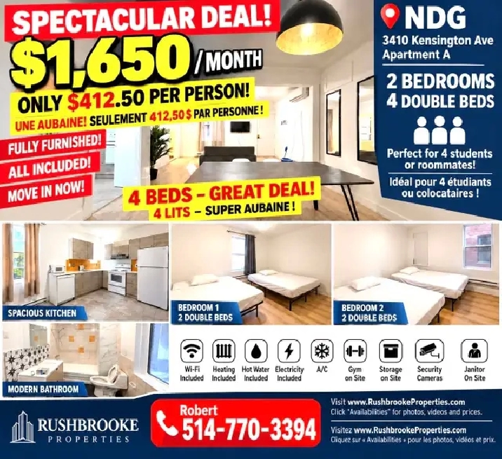 GREAT 2 Besroom.  4 Beds.  In NDG.