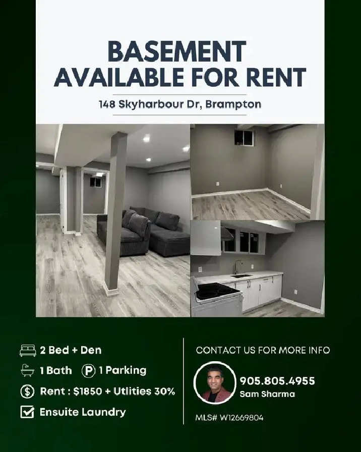 2 Bed   Den Basement for Rent in Brampton for $1850