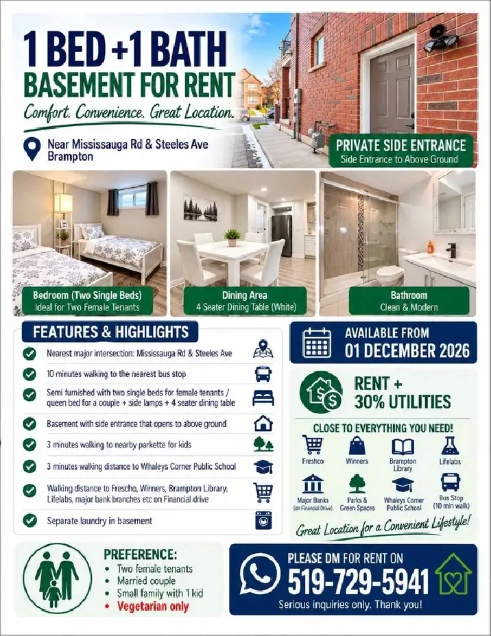 1 BEDROOM   1 BATH BASEMENT FOR RENT – BRAMPTON