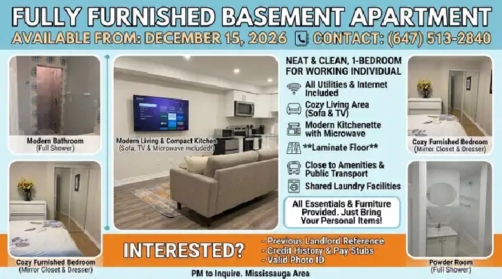 Move-in ready! This neat, and fully furnished 1-bedroom basement