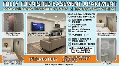 Move-in ready! This neat, and fully furnished 1-bedroom basement