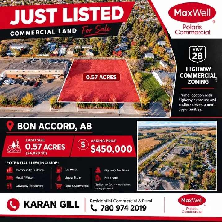COMMERCIAL LAND FOR SALE IN BON ACCORD, AB
