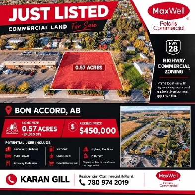 COMMERCIAL LAND FOR SALE IN BON ACCORD, AB