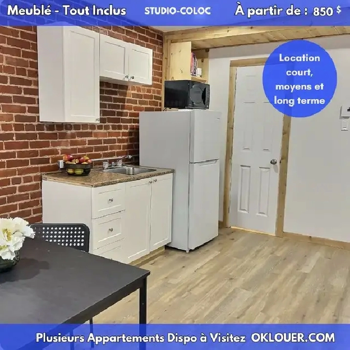Studio meublé en colocation, court, moyen ou long terme
