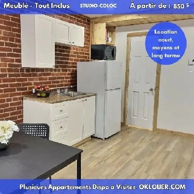 Studio meublé en colocation, court, moyen ou long terme